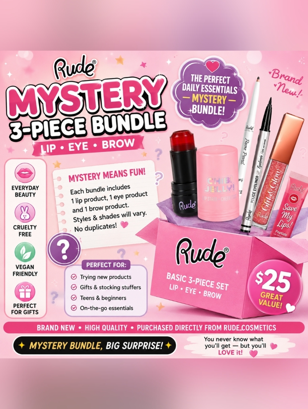 Rude Cosmetics Bundle 💄 Basic 3-Piece Set – Lip, Eye & Brow NEW
